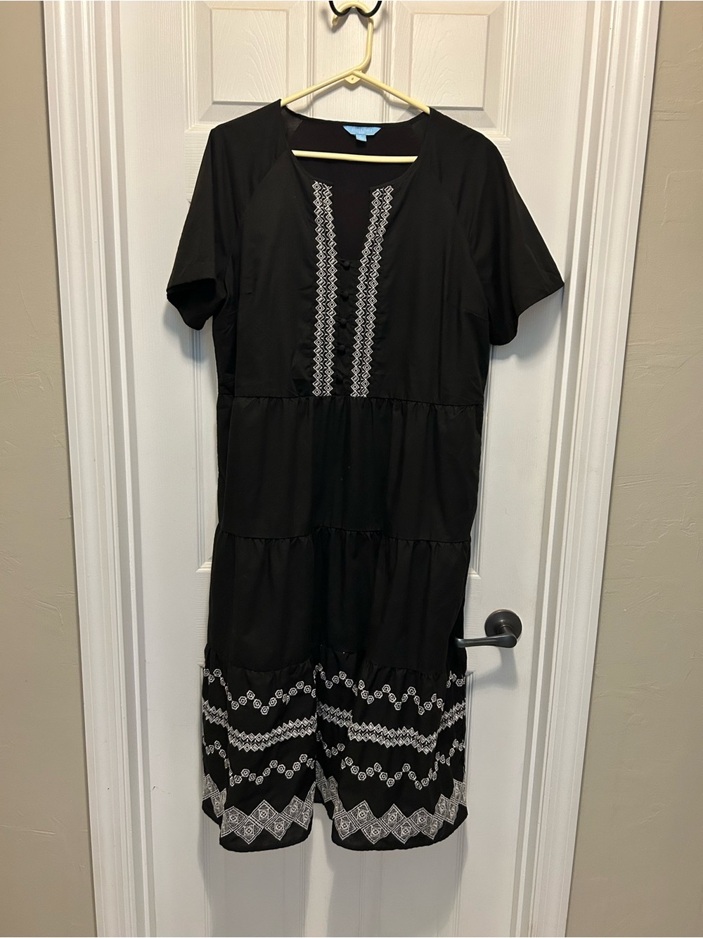 Draper James Black Midi Dress with White Embroidered Trim Accents